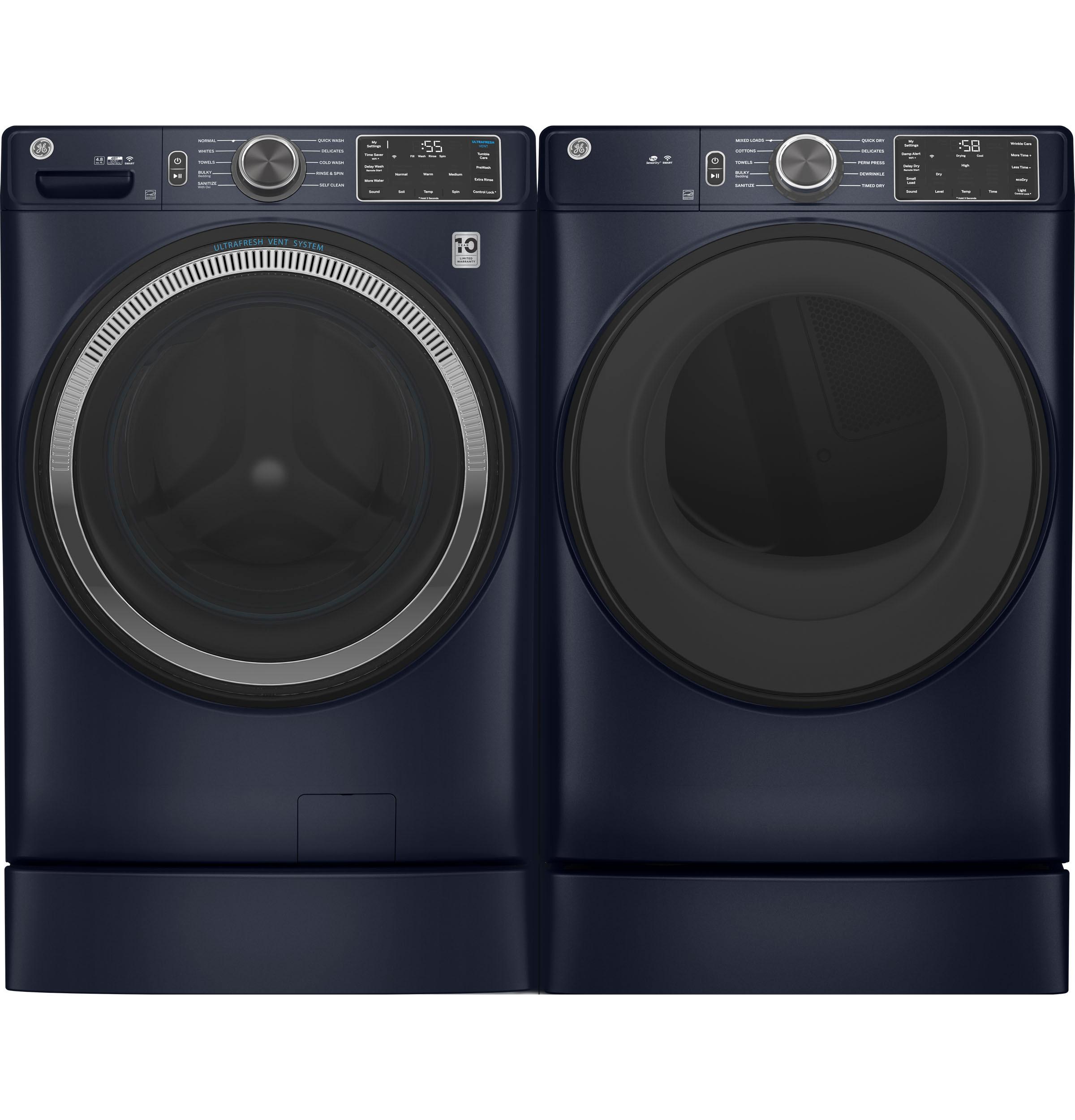 GE Appliances Sapphire Blue Front Load Washer & Electric Dryer Side-by-Side Set with Risers