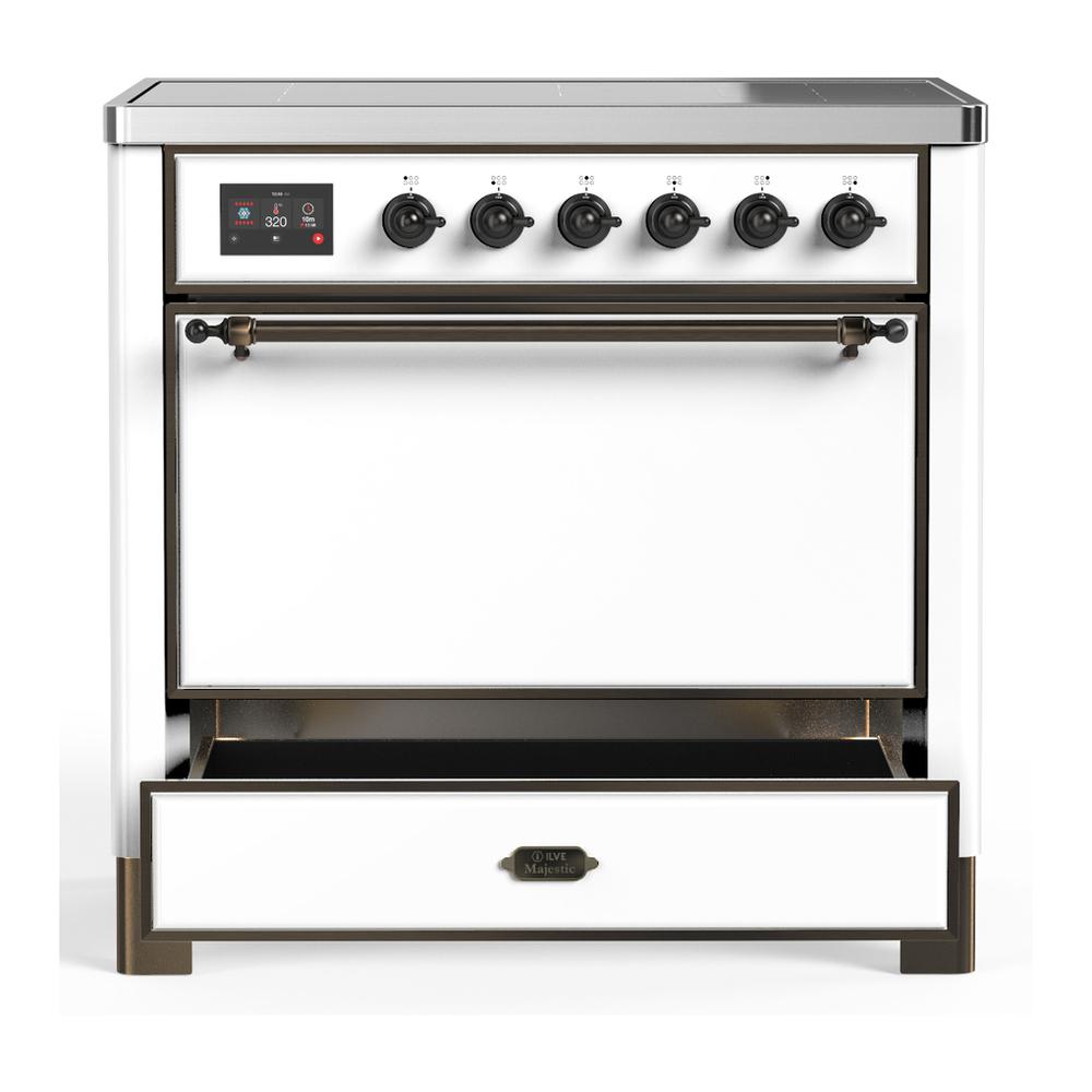 ILVE UMIB36QNR3WHB Majestic III 36 inch Induction Range with 6 Elements, 3.5 cu. ft. Total Oven Capacity (Solid Door, White, Burnished)