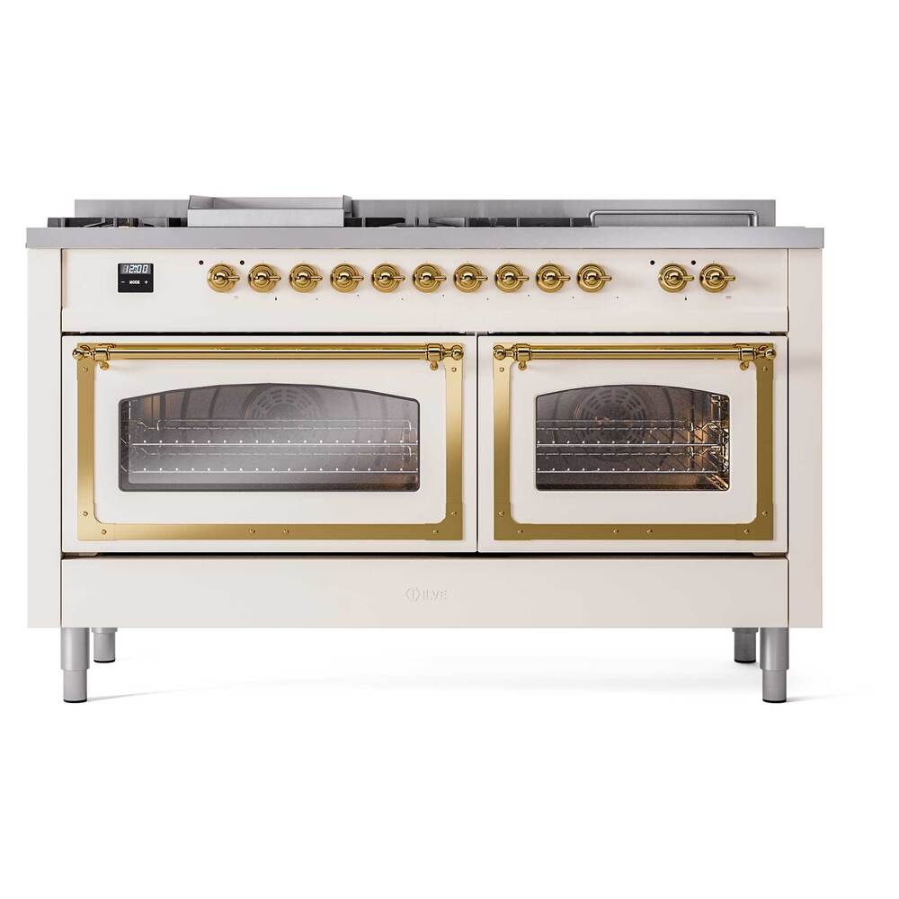 ILVE UN60FSNMPAWGLP Nostalgie II Noblesse 60 inch Dual Fuel Range (7 Sealed Burners + Griddle + French Top, Liquid Propane, Triple Glass Door, Antique White, Brass)