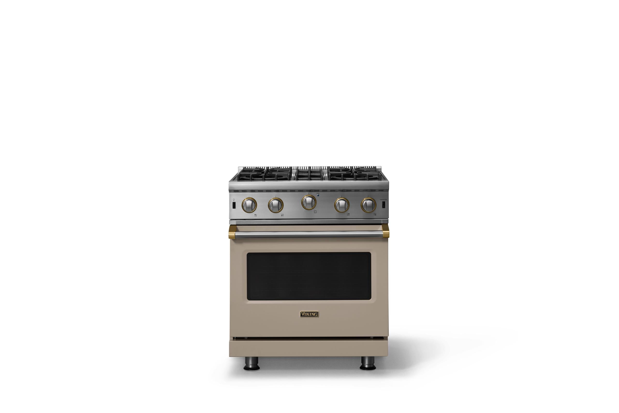 30"W. Open Burner Gas Range (Finish: Nantucket, Trim: Brushed Brass, Fuel: Natural Gas)