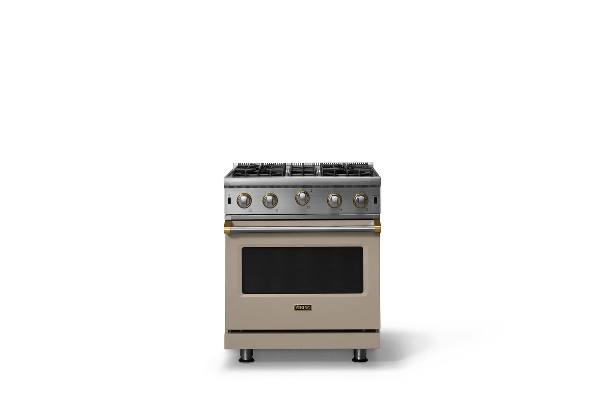 30"W. Open Burner Gas Range (Finish: Nantucket, Trim: Brushed Brass, Fuel: Propane)