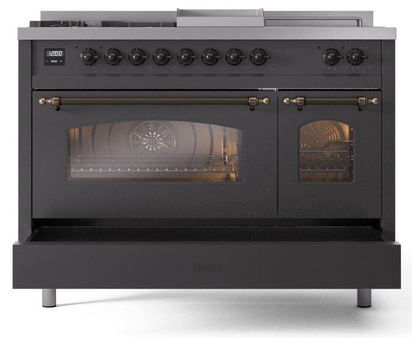 Nostalgie II 48 Inch Dual Fuel Natural Gas Freestanding Range in Matte Graphite with Bronze Trim