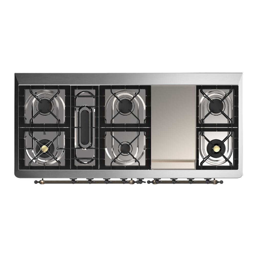 ILVE UM60FNR3WHB Majestic III 60 inch Dual Fuel Range with 9 Burners and Griddle, Dual Function Burner up to 25,000 BTU (Natural Gas, Triple Glass Door, White, Burnished)