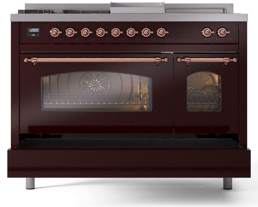Nostalgie II 48 Inch Dual Fuel Liquid Propane Freestanding Range in Burgundy with Copper Trim