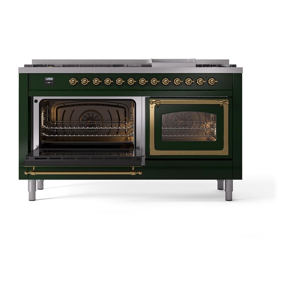 ILVE UN60FNMPEGG Nostalgie II Noblesse 60 inch Dual Fuel Range (9 Sealed Burners + Griddle, Natural Gas, Triple Glass Door, Emerald Green, Brass)