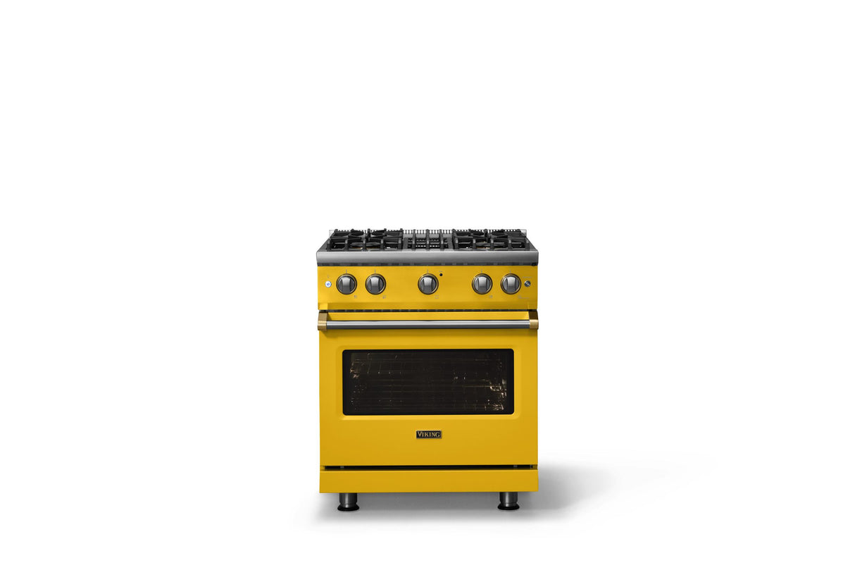 30"W. Sealed Burner Gas Range (Finish: Daffodil, Trim: Brushed Brass, Fuel: Propane)