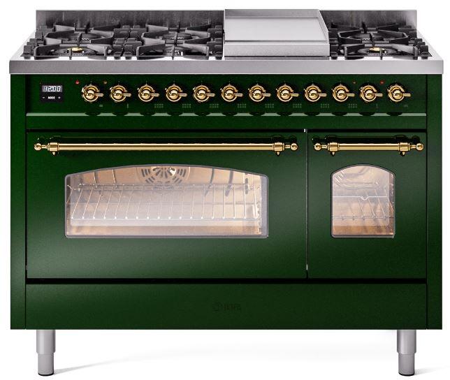 Nostalgie II 48 Inch Dual Fuel Natural Gas Freestanding Range in Emerald Green with Brass Trim