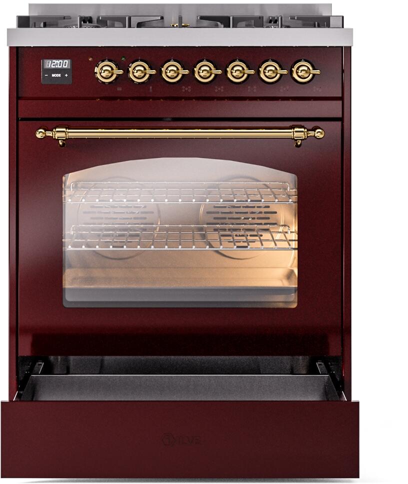 Nostalgie II 30 Inch Dual Fuel Liquid Propane Freestanding Range in Burgundy with Brass Trim