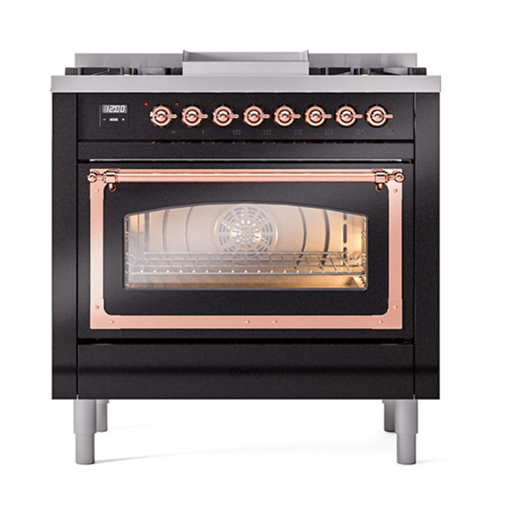 ILVE UN36FNMPBKPLP Nostalgie II Noblesse 36 inch Dual Fuel Range (Liquid Propane, Triple Glass Door, Glossy Black, Copper)