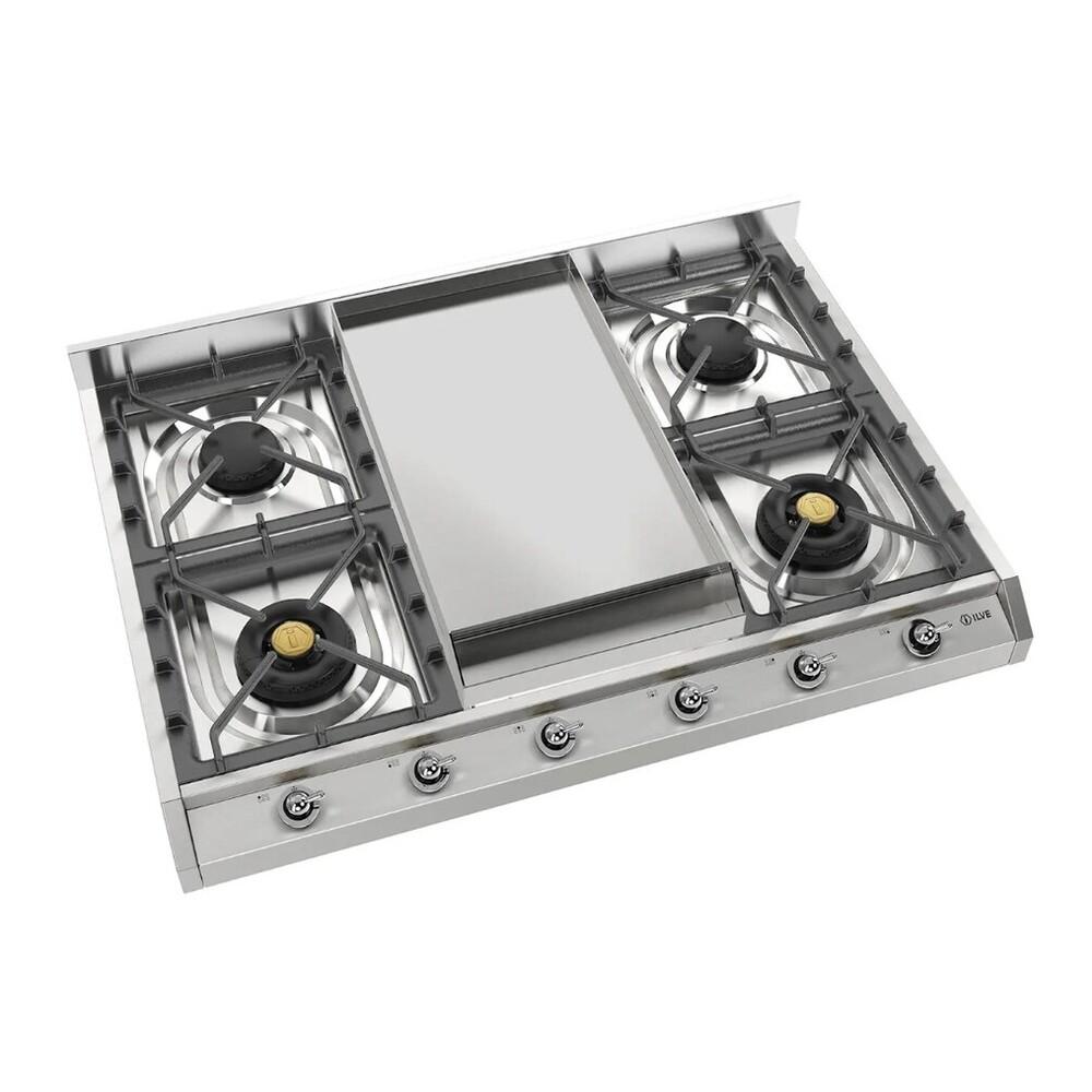 ILVE UHCP965FNSSC Nostalgie II 36 inch Built-In Gas Cooktop with Griddle, in Stainless Steel (Natural Gas, Chrome)