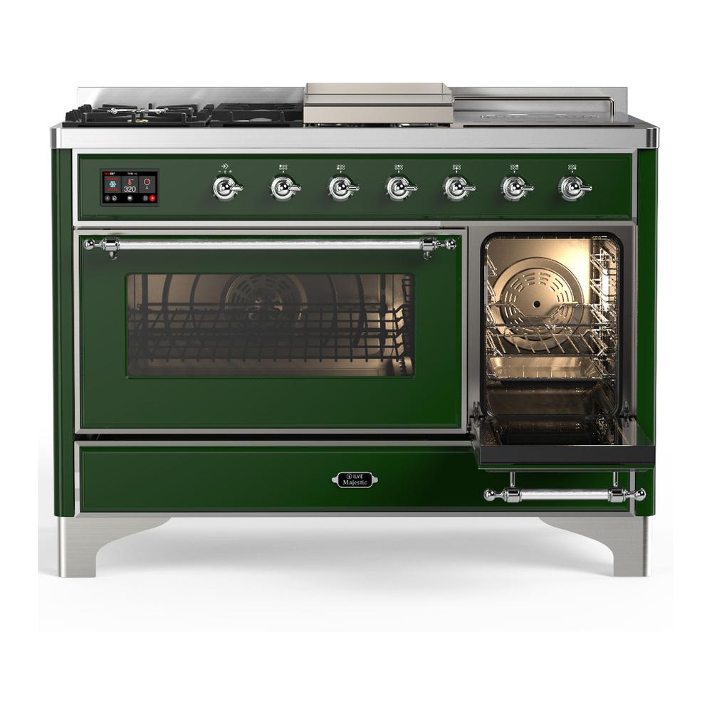 ILVE UM48FSNR3EGCLP Majestic III 48 inch Dual Fuel Range with 5 Black Brass Burners, Griddle and French Top, Dual Function Burner up to 25,000 BTU (Liquid Propane, Triple Glass Door, Emerald Green, Chrome)