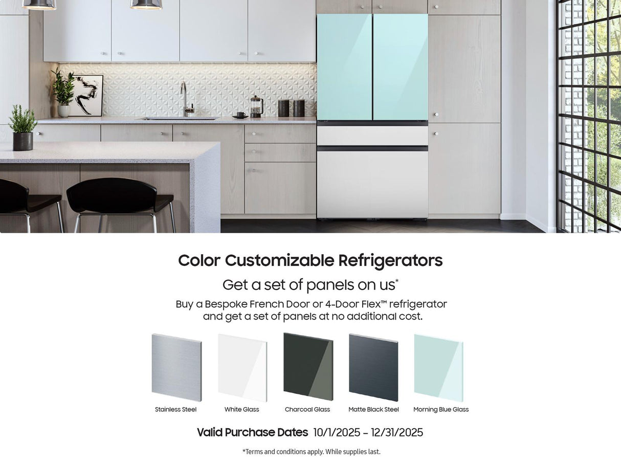 Bespoke 22 cu. ft. Counter Depth 4-Door French Door Refrigerator with Zero Clearance Fit & Food Showcase Door in White Glass