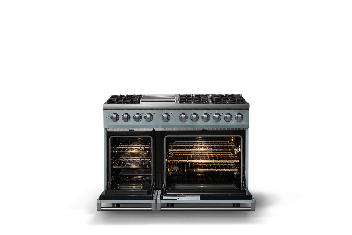 48"W. Dual Fuel Range (Burner: 6g, Finish: November Sky, Trim: Polished Chrome, Fuel: Natural Gas)