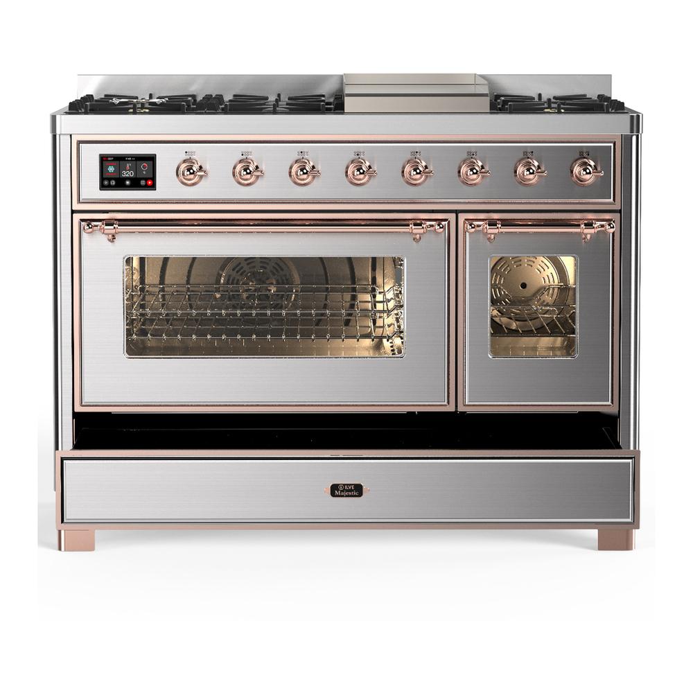ILVE UM48FNR3SSP Majestic III 48 inch Dual Fuel Range with 8 Burners and Griddle, Dual Function Burner up to 25,000 BTU (Natural Gas, Triple Glass Door, Stainless Steel, Copper)