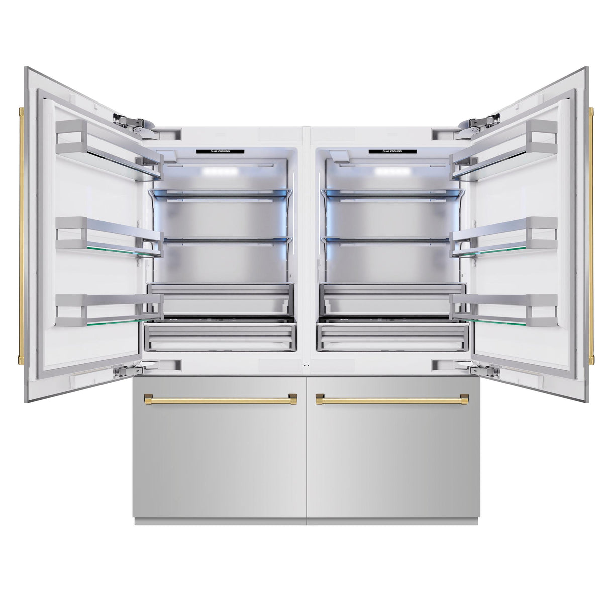 ZLINE Autograph Edition 72 in. 39.6 cu. ft. French Door Built-In Bottom Freezer Refrigerator with Water Dispensers and Ice Makers in Stainless Steel with Polished Gold Accents (RBITZ-304-72G)