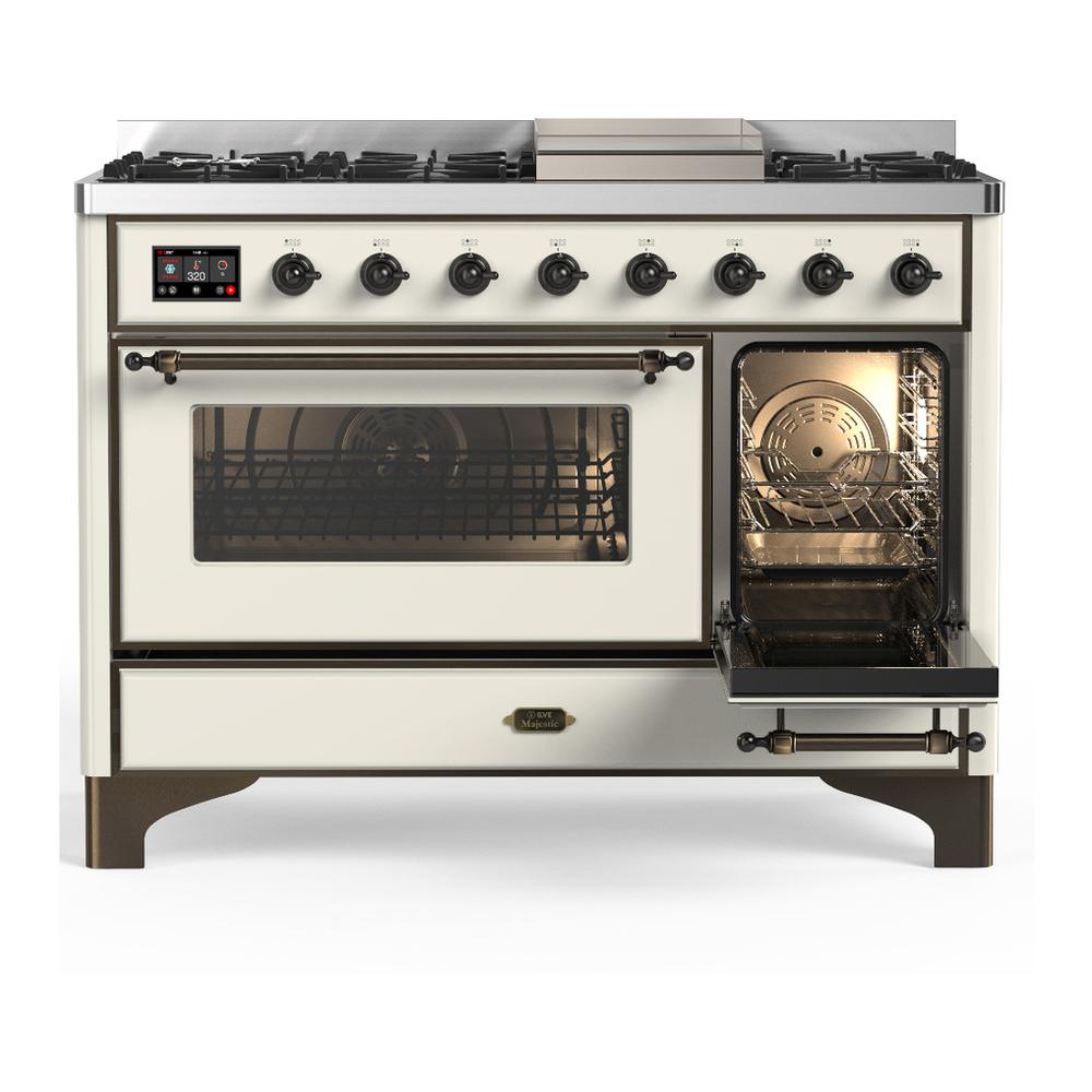 ILVE UM48FNR3AWB Majestic III 48 inch Dual Fuel Range with 8 Burners and Griddle, Dual Function Burner up to 25,000 BTU (Natural Gas, Triple Glass Door, Antique White, Burnished)