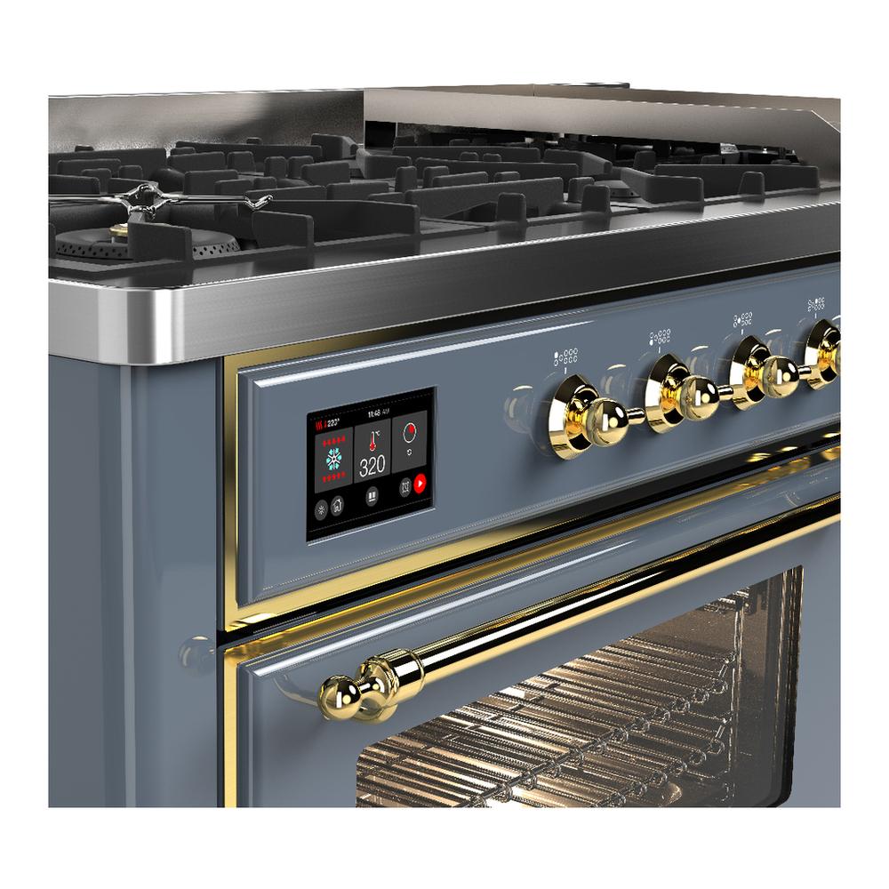 ILVE UM60FNR3BGGLP Majestic III 60 inch Dual Fuel Range with 9 Burners and Griddle, Dual Function Burner up to 25,000 BTU (Liquid Propane, Triple Glass Door, Blue Grey, Brass)