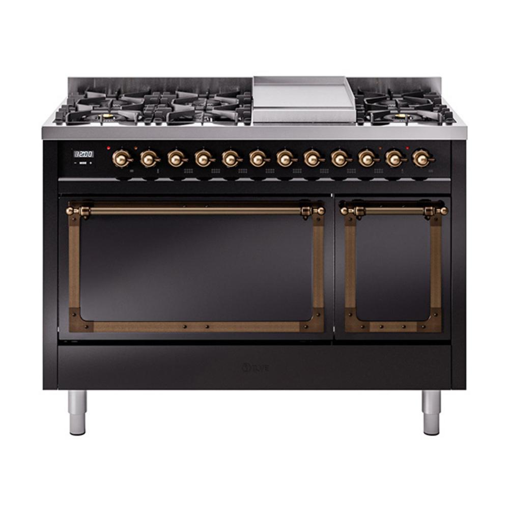 ILVE UN48FQNMPBKB Nostalgie II Noblesse 48 inch Dual Fuel Range (8 Sealed Burners + Griddle, Natural Gas, Solid Door, Glossy Black, Burnished)
