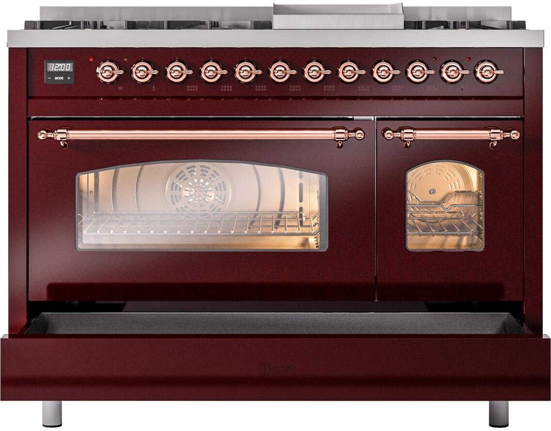 Nostalgie II 48 Inch Dual Fuel Natural Gas Freestanding Range in Burgundy with Copper Trim