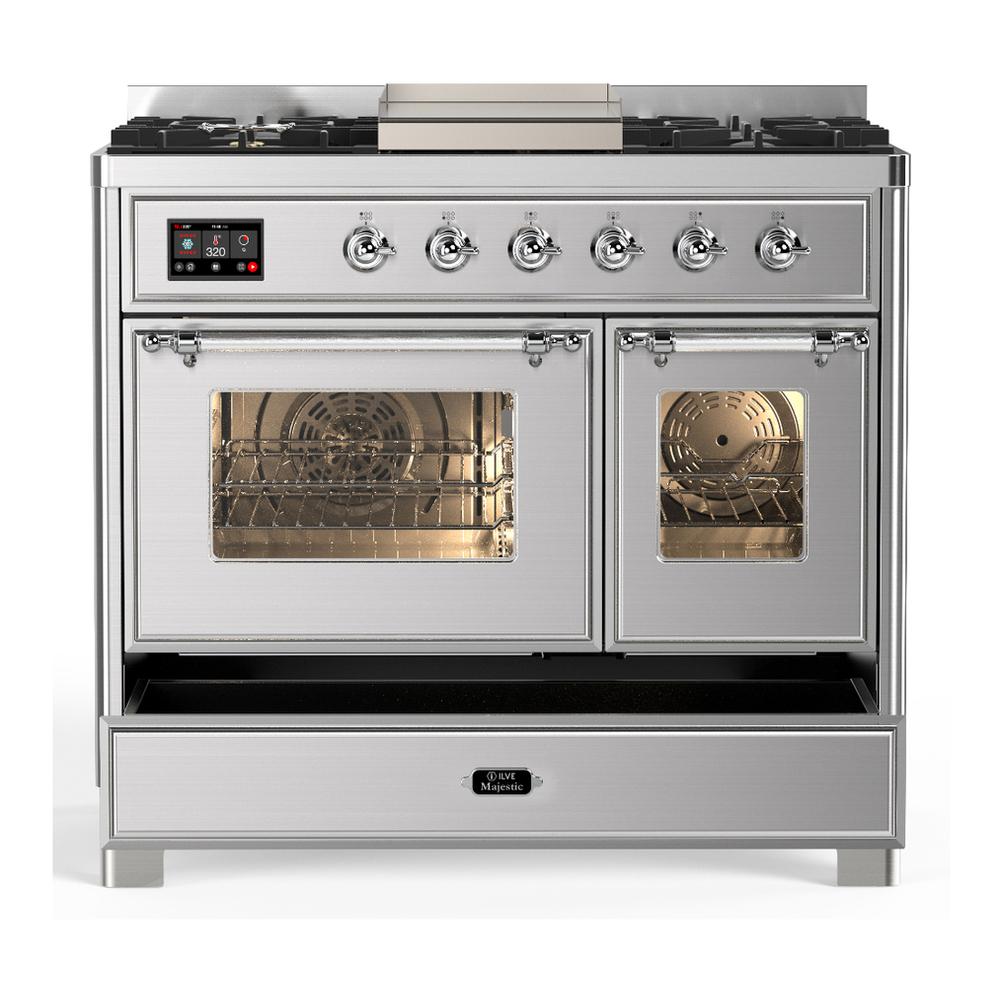 ILVE UMD40FNR3SSCLP Majestic III 40 inch Dual Fuel Range with 6 Burners and Griddle, Dual Function Burner up to 25,000 BTU (Liquid Propane, Triple Glass Door, Stainless Steel, Chrome)