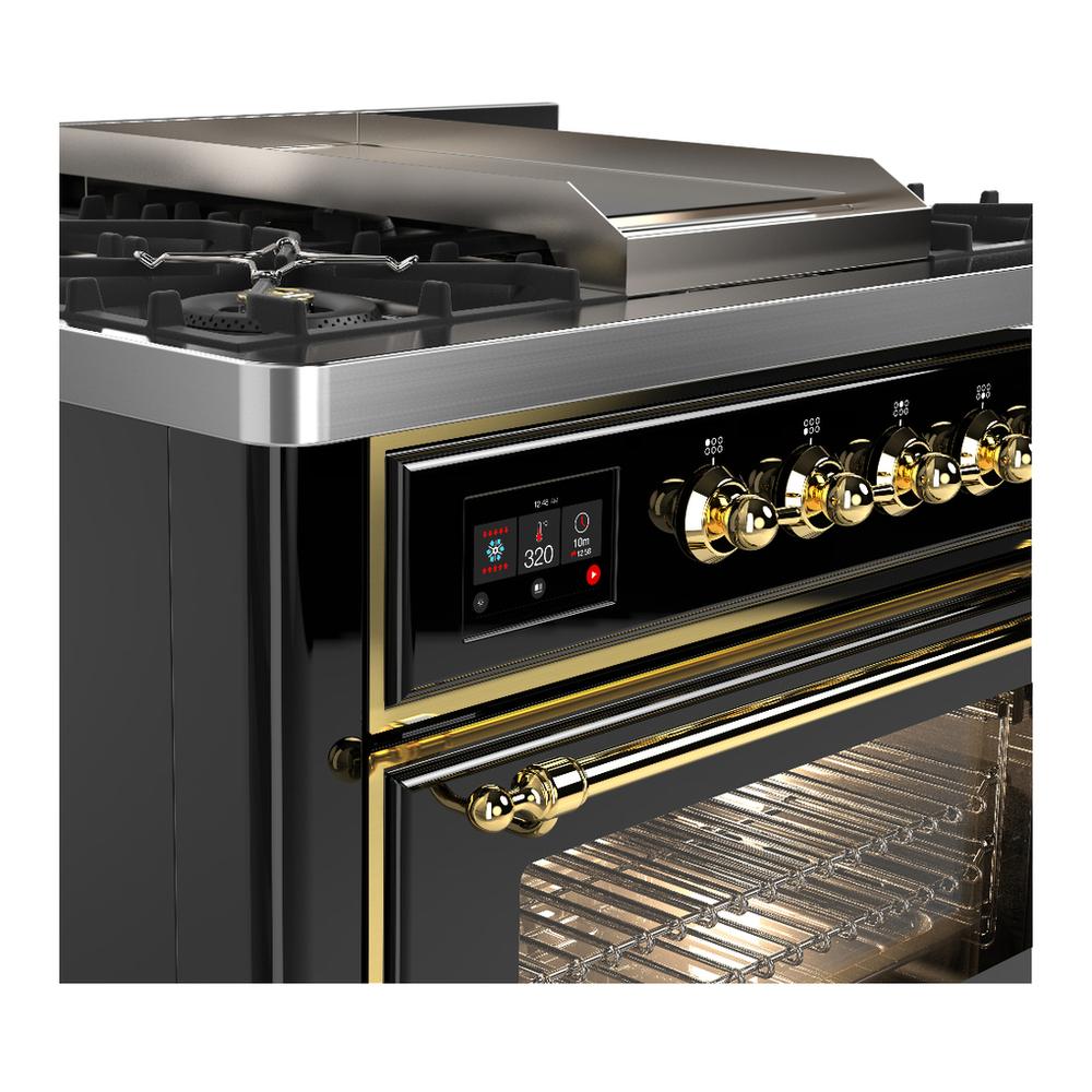 ILVE UM36FNR3BKG Majestic III 36 inch Dual Fuel Range with 6 Black Brass Burners and Griddle, Dual Function Burner up to 25,000 BTU (Triple Glass Door, Glossy Black, Brass, Natural Gas)