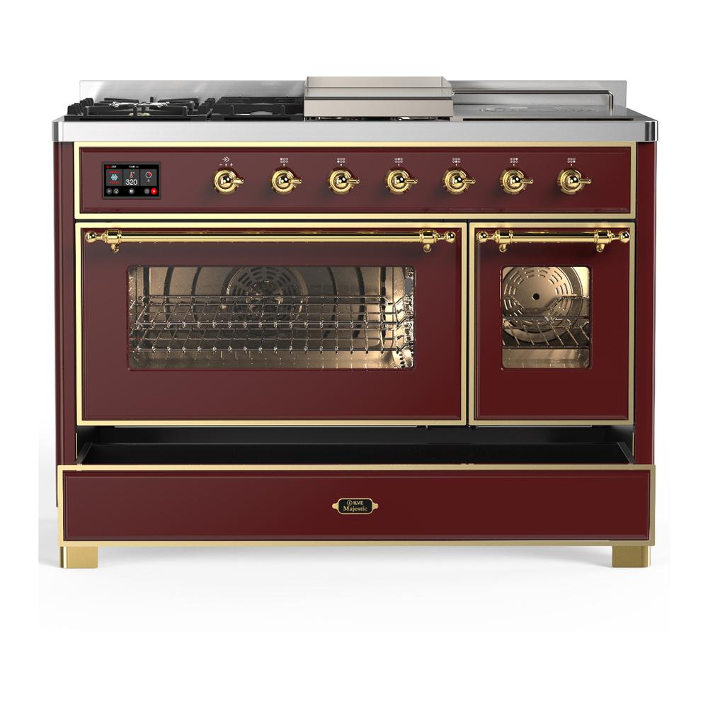 ILVE UM48FSNR3BUG Majestic III 48 inch Dual Fuel Range with 5 Black Brass Burners, Griddle and French Top, Dual Function Burner up to 25,000 BTU (Natural Gas, Triple Glass Door, Burgundy, Brass)