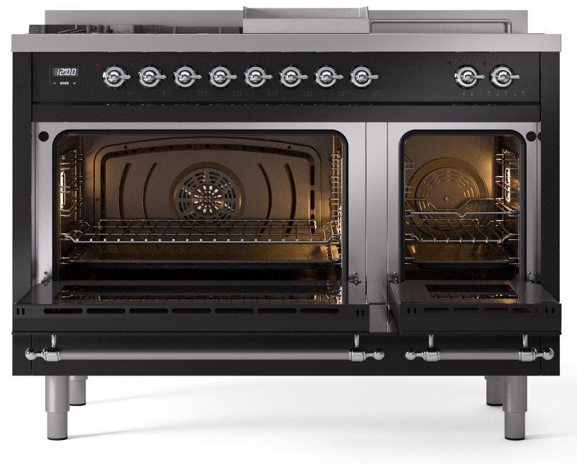 Nostalgie II 48 Inch Dual Fuel Liquid Propane Freestanding Range in Glossy Black with Chrome Trim