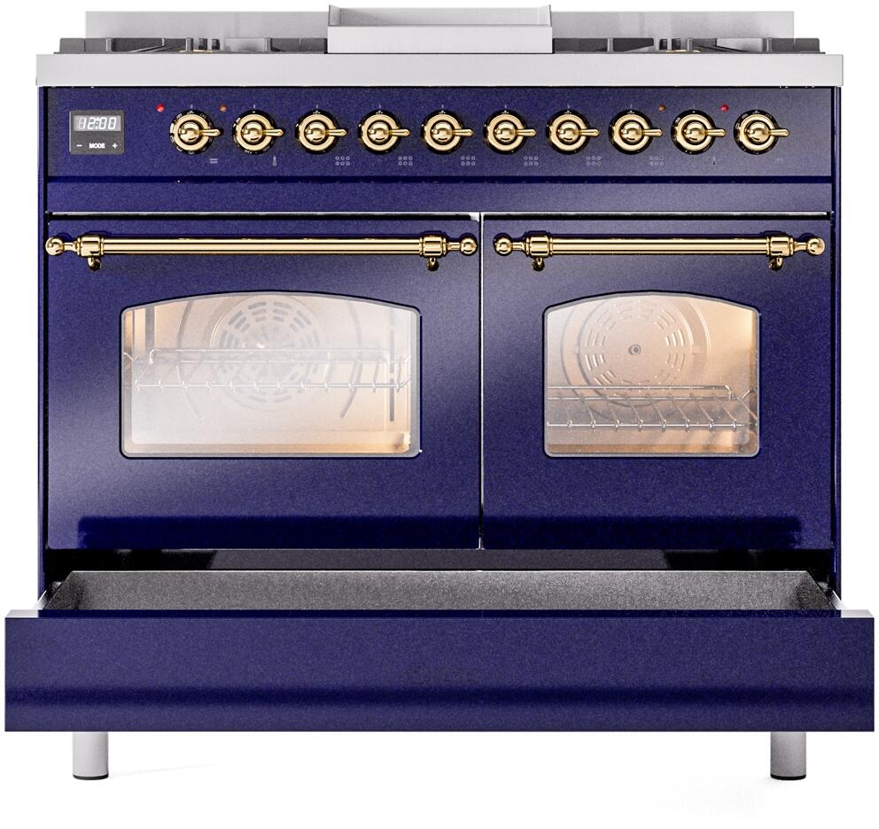 Nostalgie II 40 Inch Dual Fuel Liquid Propane Freestanding Range in Blue with Brass Trim