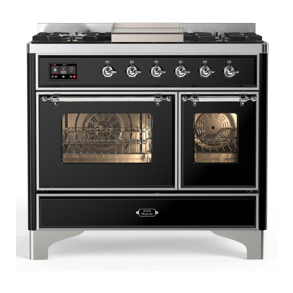 ILVE UMD40FNR3BKCLP Majestic III 40 inch Dual Fuel Range with 6 Burners and Griddle, Dual Function Burner up to 25,000 BTU (Liquid Propane, Triple Glass Door, Glossy Black, Chrome)