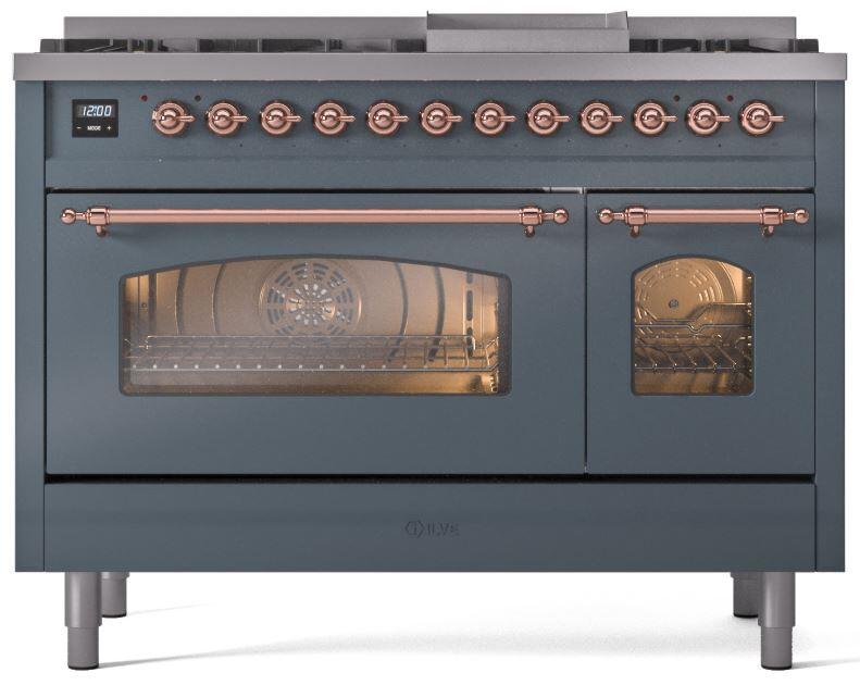 Nostalgie II 48 Inch Dual Fuel Liquid Propane Freestanding Range in Blue Grey with Copper Trim