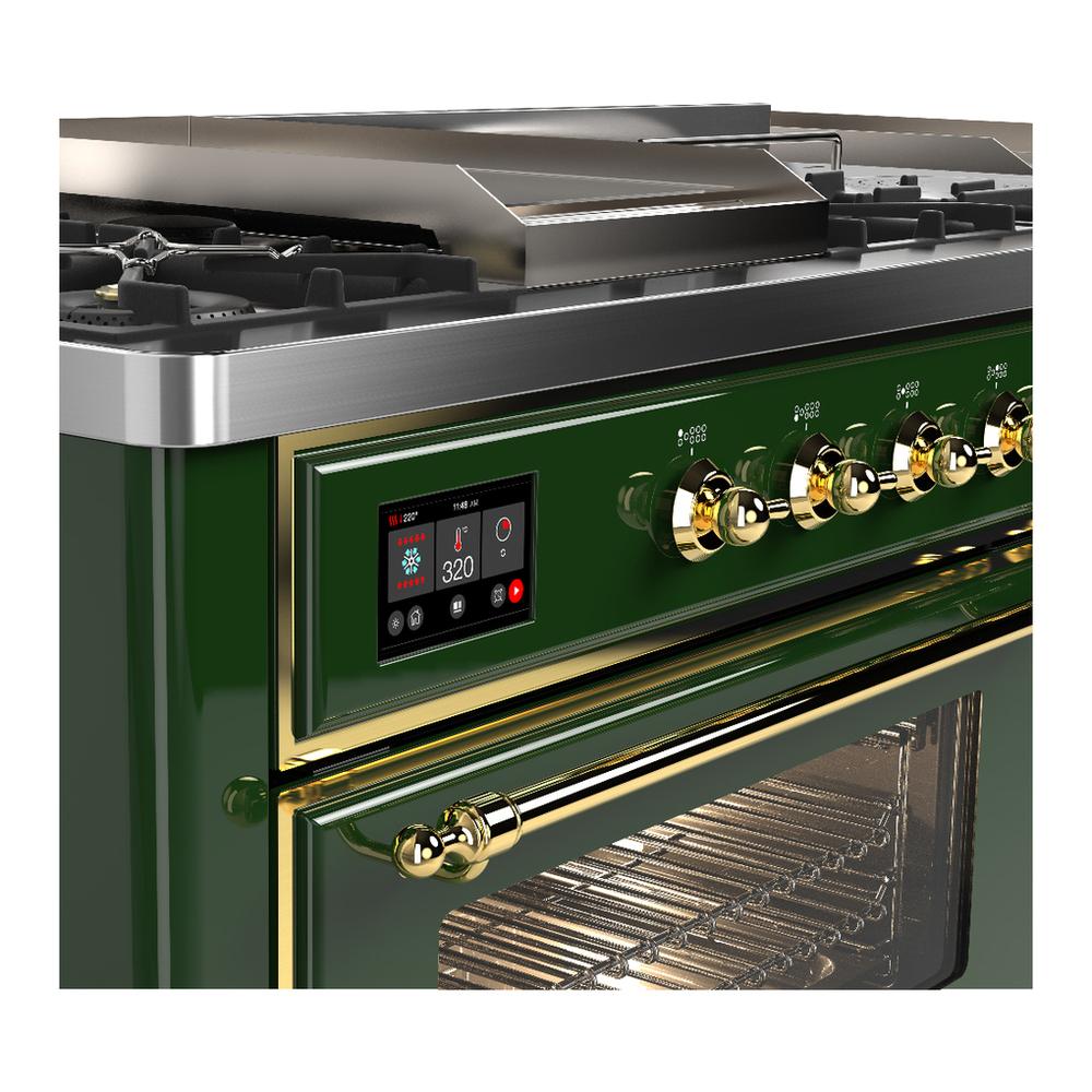 ILVE UM60FSNR3EGGLP Majestic III 60 inch Dual Fuel Range with 7 Burners, Griddle and French Top, Dual Function Burner with up to 25,000 BTU (Liquid Propane, Triple Glass Door, Emerald Green, Brass)