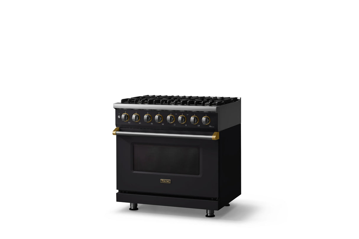 36"W. Dual Fuel Range (Burner: 6b, Finish: Onyx, Trim: Brushed Brass, Fuel: Natural Gas)