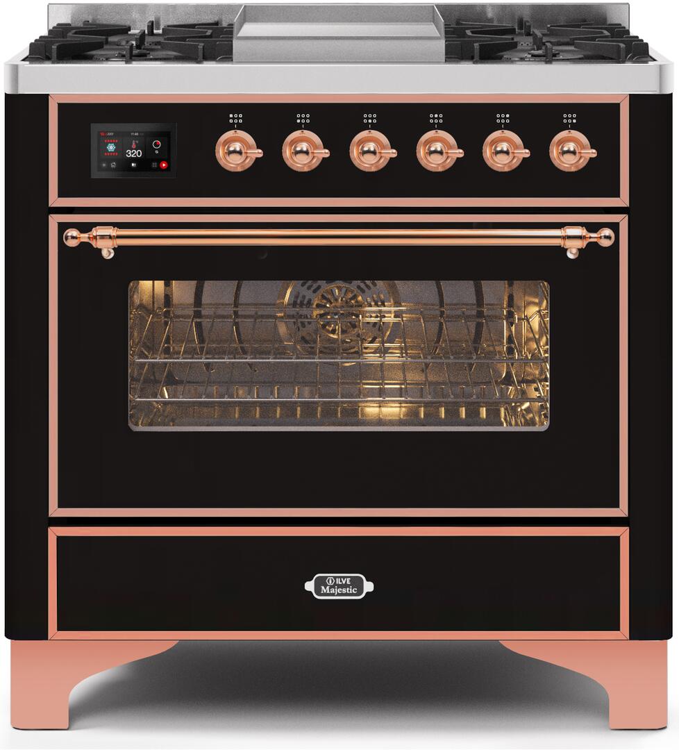 Majestic II 36 Inch Dual Fuel Natural Gas Freestanding Range in Glossy Black with Copper Trim