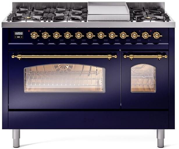 Nostalgie II 48 Inch Dual Fuel Natural Gas Freestanding Range in Blue with Brass Trim