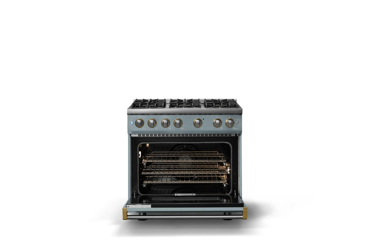 36"W. Sealed Burner Gas Range (Burner: 6b, Finish: November Sky, Trim: Brushed Brass, Fuel: Propane)