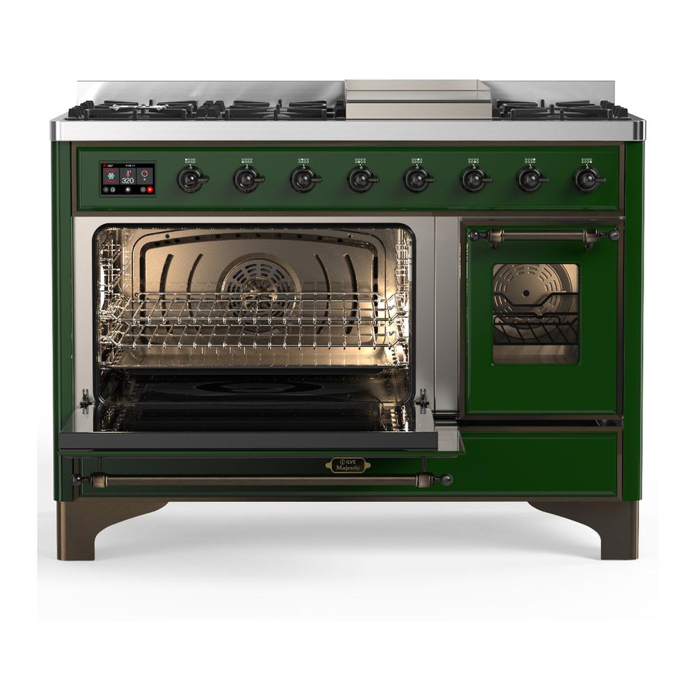 ILVE UM48FNR3EGB Majestic III 48 inch Dual Fuel Range with 8 Burners and Griddle, Dual Function Burner up to 25,000 BTU (Natural Gas, Triple Glass Door, Emerald Green, Burnished)
