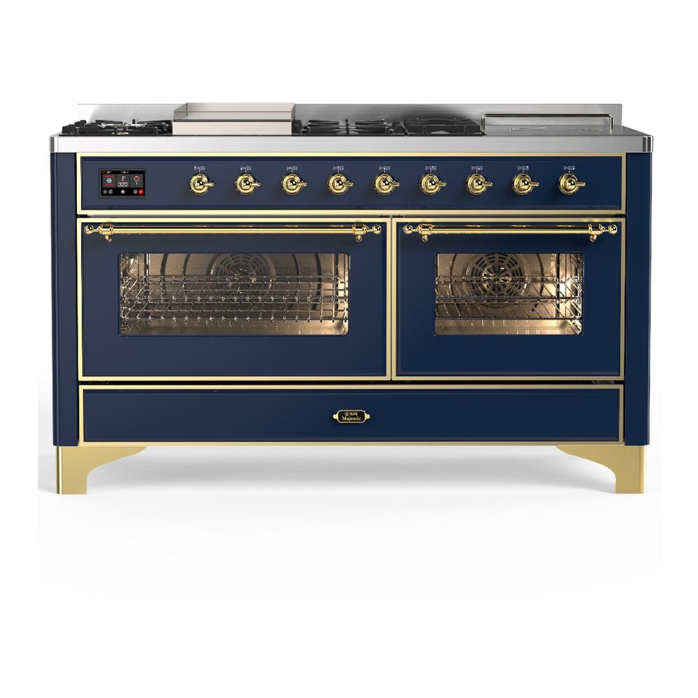 ILVE UM60FSNR3MBG Majestic III 60 inch Dual Fuel Range with 7 Burners, Griddle and French Top, Dual Function Burner with up to 25,000 BTU (Natural Gas, Triple Glass Door, Midnight Blue, Brass)
