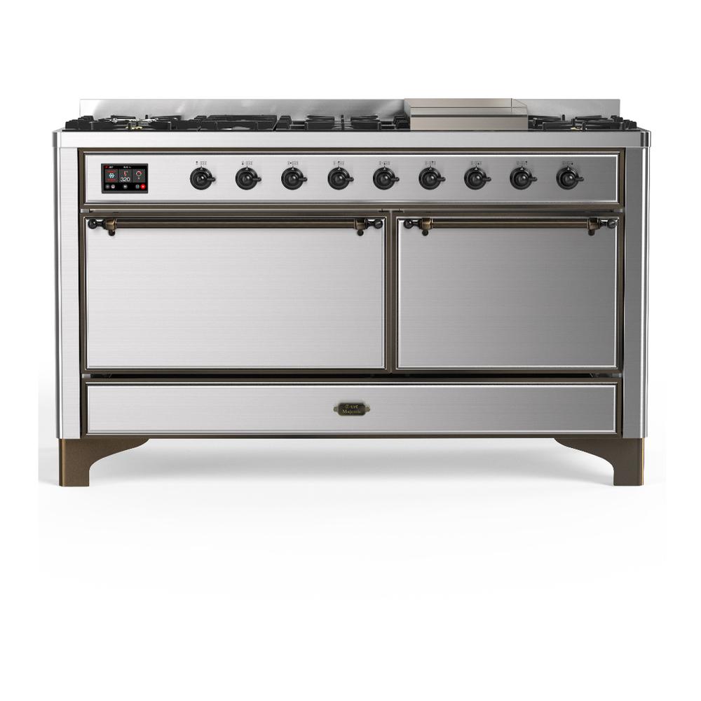 ILVE UM60FQNR3SSBLP Majestic III 60 inch Dual Fuel Range with 9 Burners and Griddle, Dual Function Burner up to 25,000 BTU (Liquid Propane, Solid Door, Stainless Steel, Burnished)
