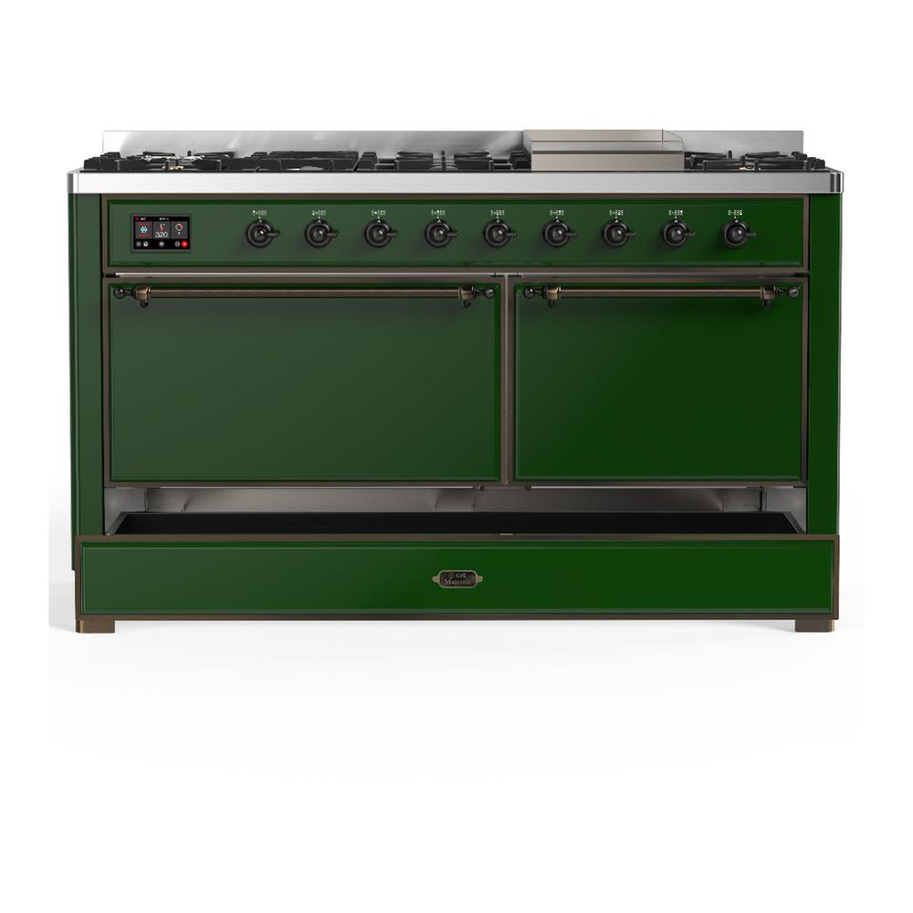ILVE UM60FQNR3EGBLP Majestic III 60 inch Dual Fuel Range with 9 Burners and Griddle, Dual Function Burner up to 25,000 BTU (Liquid Propane, Solid Door, Emerald Green, Burnished)