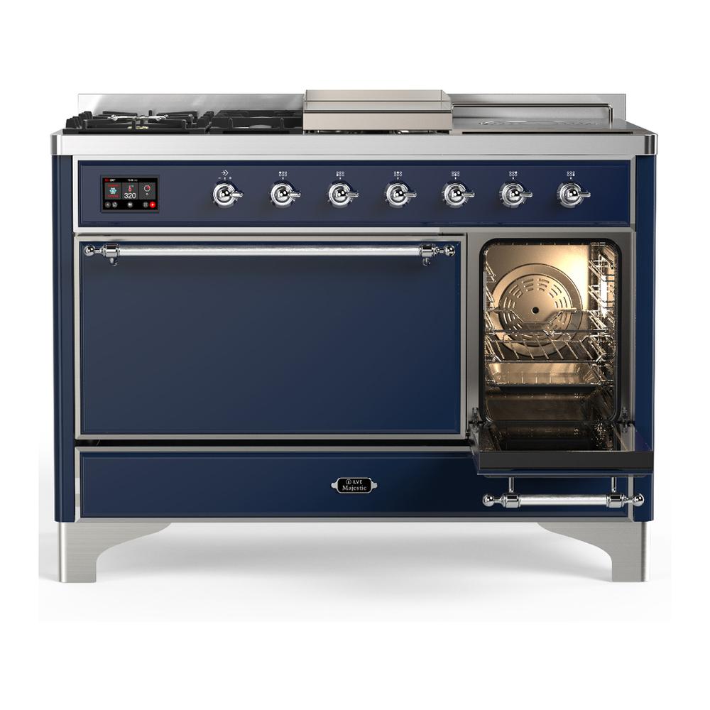 ILVE UM48FSQNR3MBCLP Majestic III 48 inch Dual Fuel Range with 5 Black Brass Burners, Griddle and French Top, Dual Function Burner up to 25,000 BTU (Liquid Propane, Solid Door, Midnight Blue, Chrome)