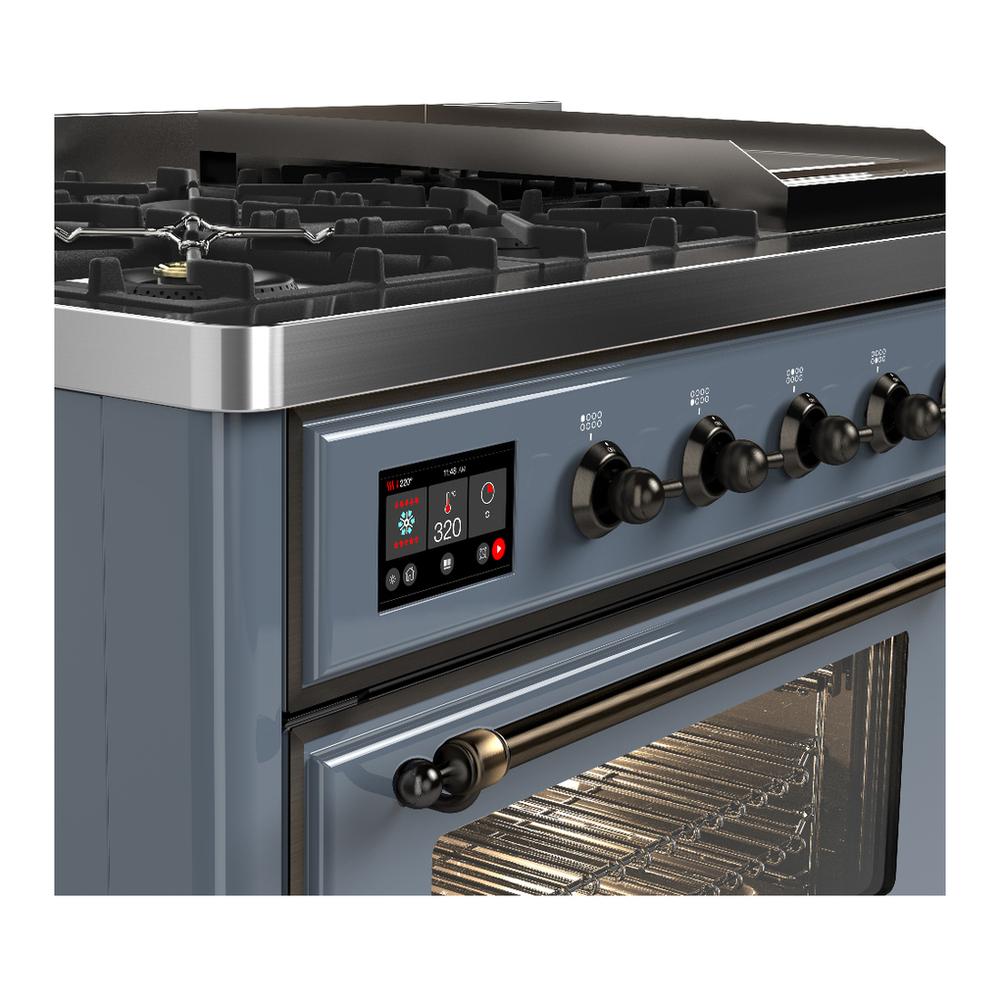 ILVE UM48FNR3BGBLP Majestic III 48 inch Dual Fuel Range with 8 Burners and Griddle, Dual Function Burner up to 25,000 BTU (Liquid Propane, Triple Glass Door, Blue Grey, Burnished)