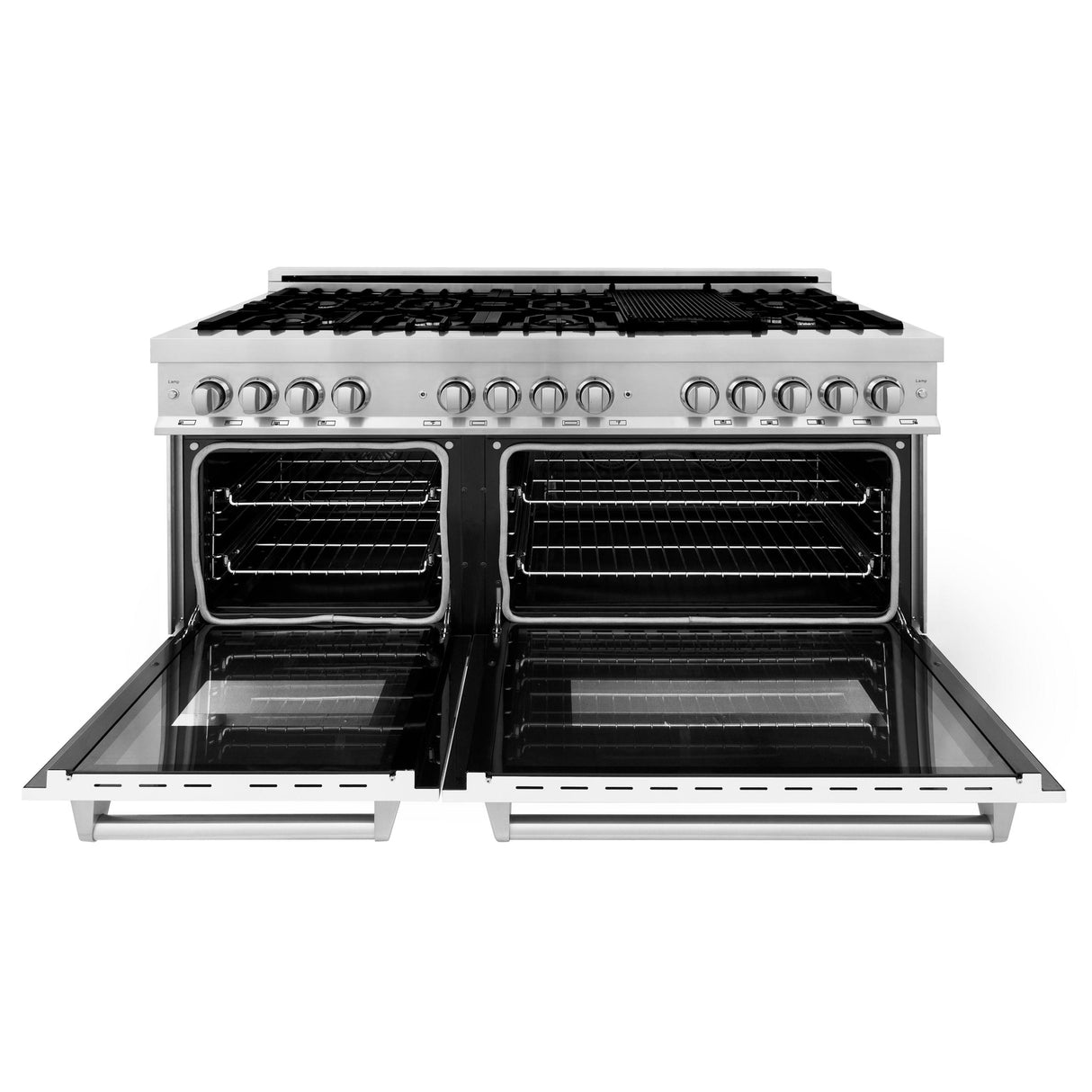 ZLINE 60 in. 7.4 cu. ft. Electric Oven and Gas Cooktop Dual Fuel Range with Griddle and White Matte Door in Stainless Steel (RA-WM-GR-60)