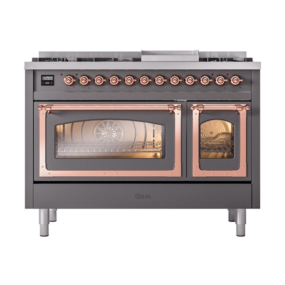 ILVE UN48FNMPMGPLP Nostalgie II Noblesse 48 inch Dual Fuel Range (8 Sealed Burners + Griddle, Liquid Propane, Triple Glass Door, Graphite Matte, Copper)