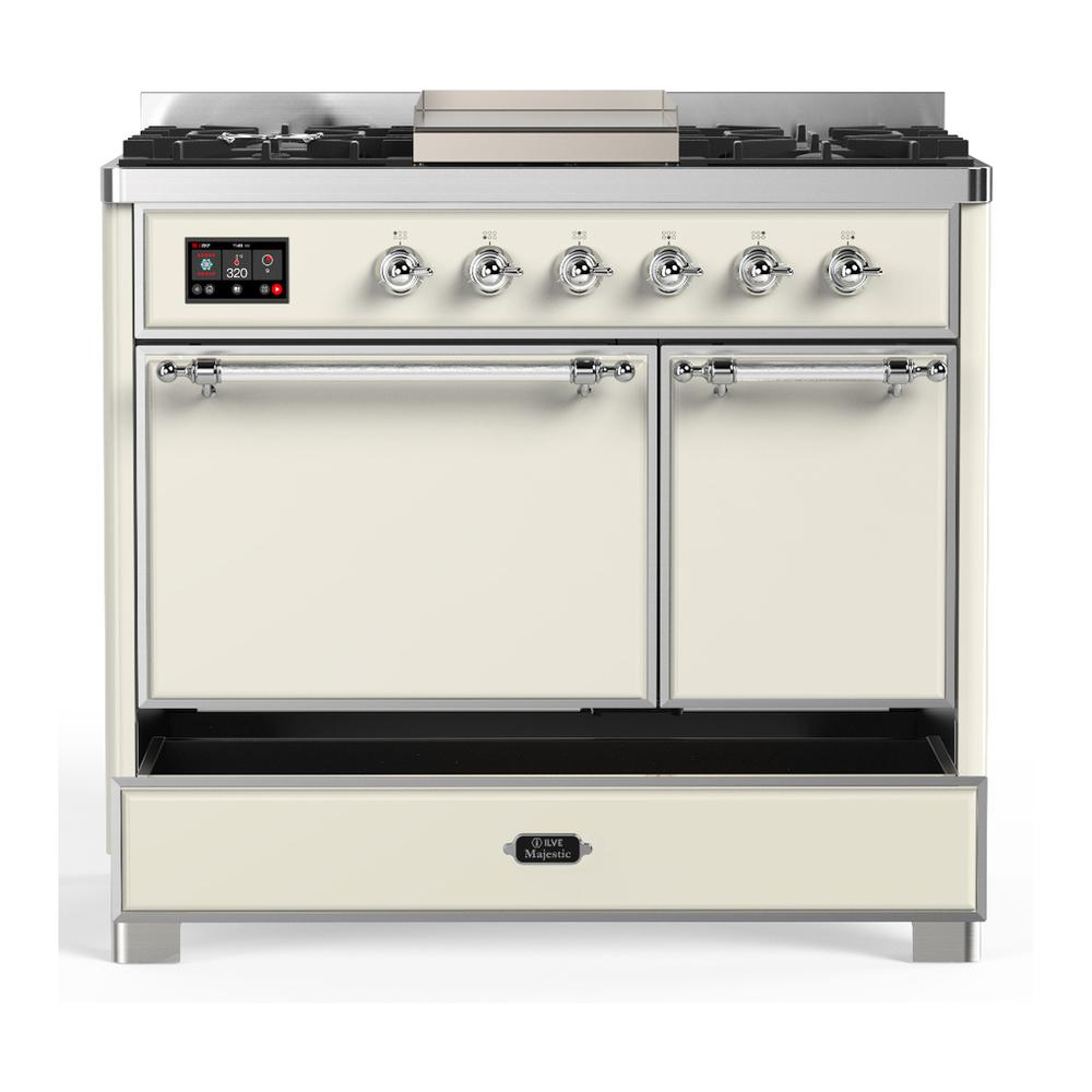 ILVE UMD40FQNR3AWCLP Majestic III 40 inch Dual Fuel Range with 6 Burners and Griddle, Dual Function Burner up to 25,000 BTU (Liquid Propane, Solid Door, Antique White, Chrome)
