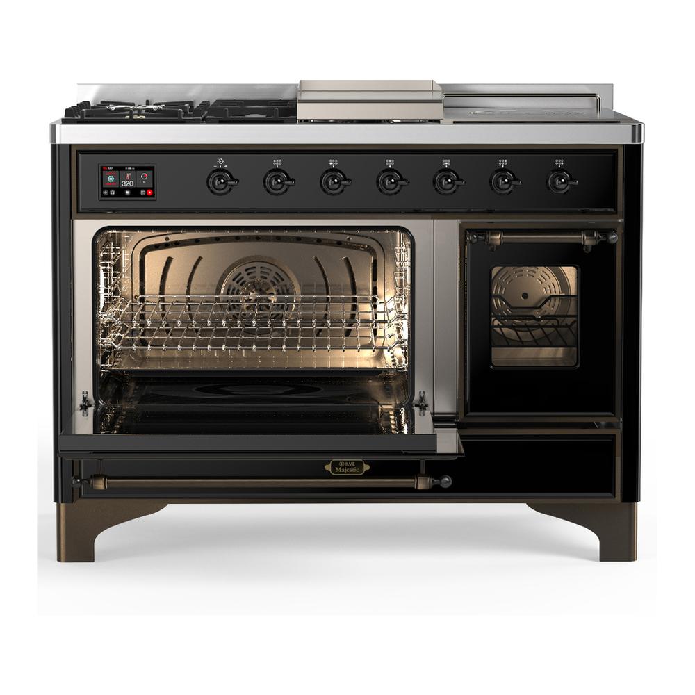 ILVE UM48FSNR3BKB Majestic III 48 inch Dual Fuel Range with 5 Black Brass Burners, Griddle and French Top, Dual Function Burner up to 25,000 BTU (Natural Gas, Triple Glass Door, Glossy Black, Burnished)