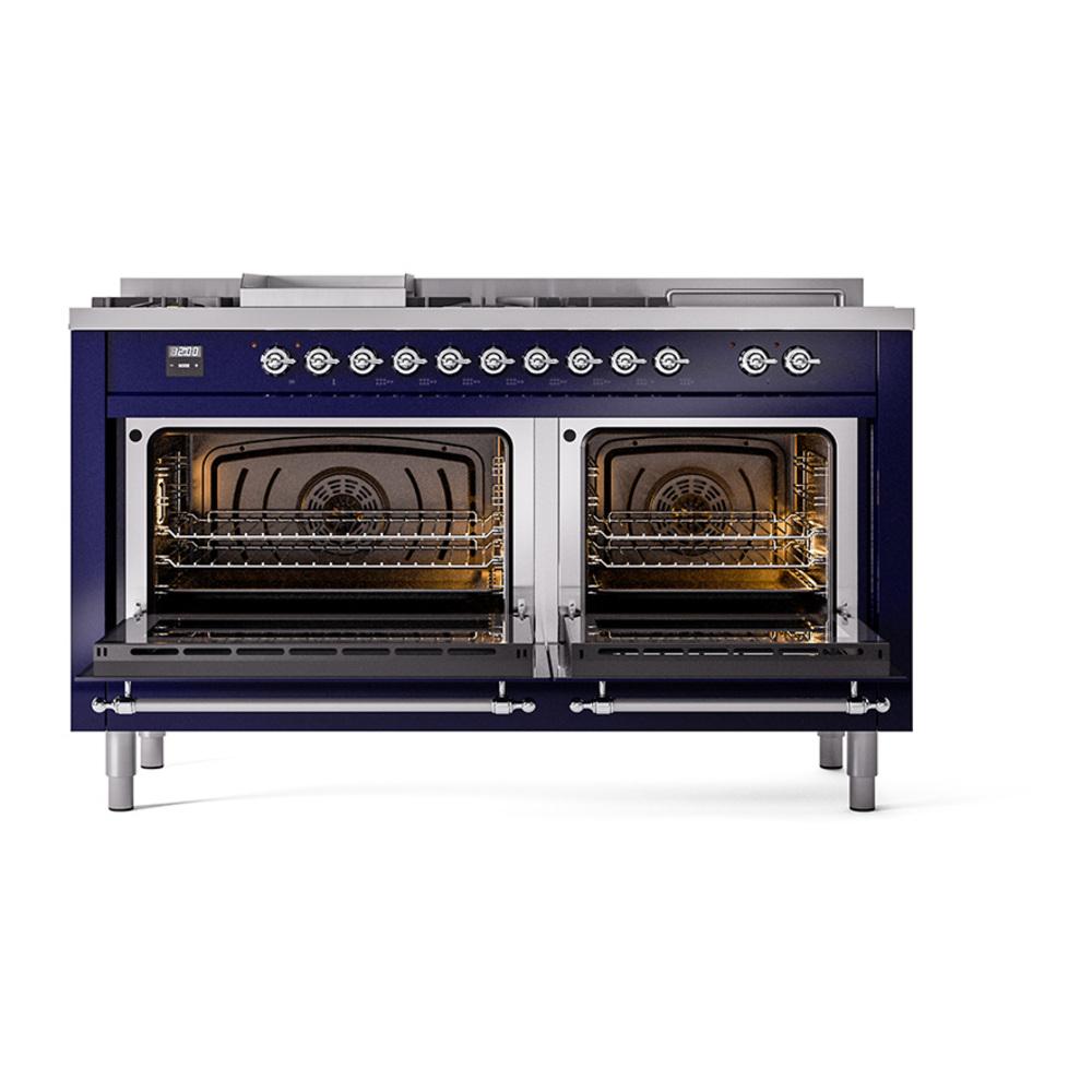 ILVE UN60FSQNMPMBCLP Nostalgie II Noblesse 60 inch Dual Fuel Range (7 Sealed Burners + Griddle + French Top, Liquid Propane, Solid Door, Midnight Blue, Chrome)