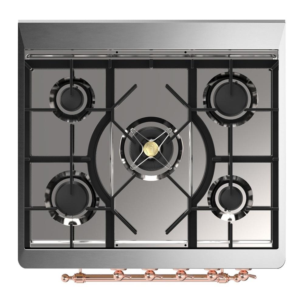 ILVE UM30NR3AWPLP Majestic III 30 inch Dual Fuel Range with 5 Black Brass Burners, Dual Function Burner up to 25,000 BTU (Liquid Propane, Triple Glass Door, Antique White, Copper)