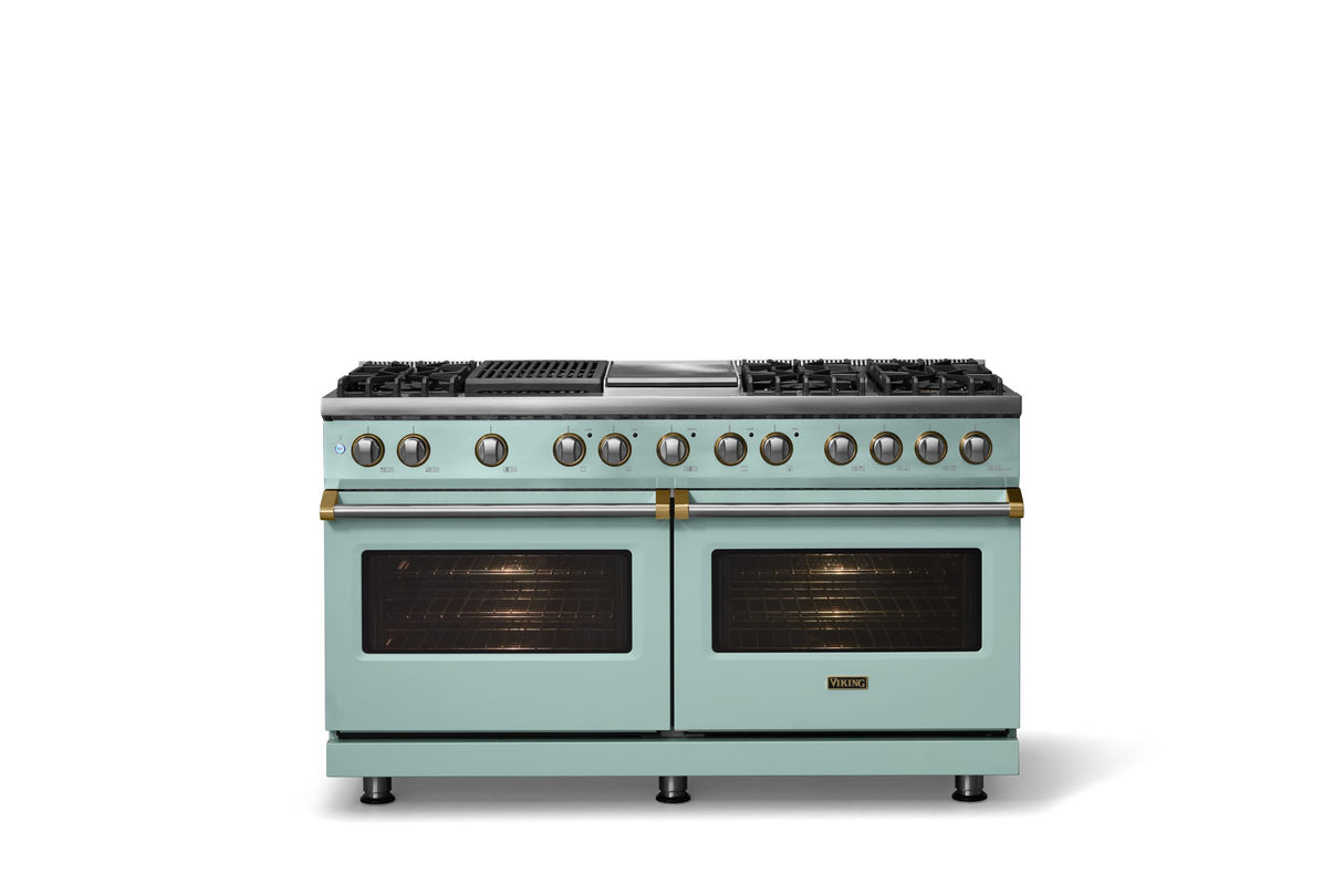 60"W.Dual Fuel Range (Finish: Splash, Trim: Brushed Brass, Fuel: Natural Gas)