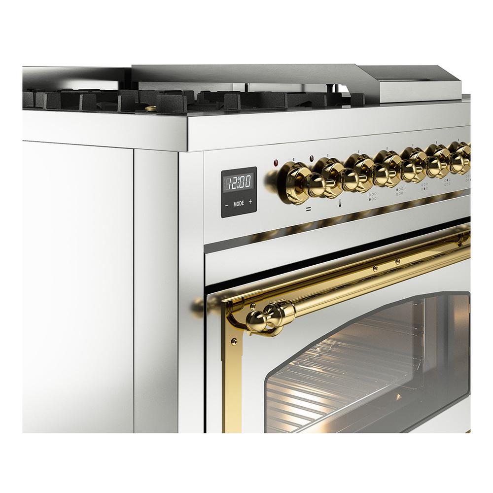 ILVE UN48FSNMPSSG Nostalgie II Noblesse 48 inch Dual Fuel Range (5 Sealed Burners + Griddle + French Top, Natural Gas, Triple Glass Door, Stainless Steel, Brass)