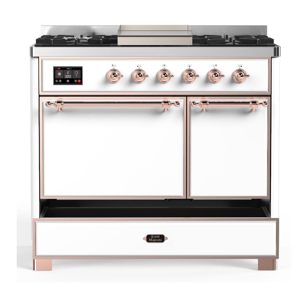 ILVE UMD40FQNR3WHP Majestic III 40 inch Dual Fuel Range with 6 Burners and Griddle, Dual Function Burner up to 25,000 BTU (Natural Gas, Solid Door, White, Copper)